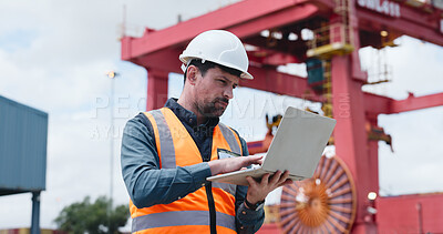 Buy stock photo Construction site, reading or man with laptop for inspection, architecture plan or infrastructure development. Outdoor, pc or engineer with property check, quality control or building progress review