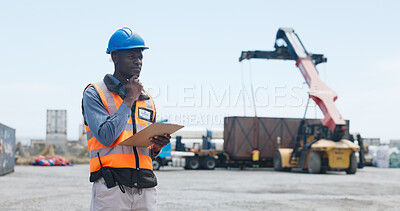 Buy stock photo Logistics, supervisor and man with clipboard, outdoor or inventory management for stock distribution. Cargo, inspection and black person with checklist for supply chain, shipping and goods delivery
