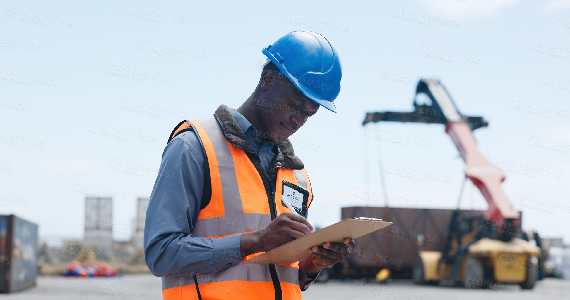 Buy stock photo Logistics, man or writing on clipboard in yard for shipping control, status reporting or supply chain. Customs officer, black person or inspection paperwork for import clearance, compliance or export