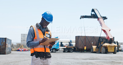 Buy stock photo Shipping, man and writing on clipboard in yard for logistics control, commercial invoice or export. Customs officer, black person or documents for import clearance, cargo tracking or status reporting