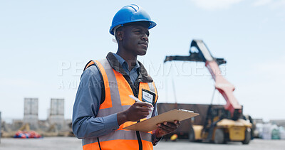 Buy stock photo Shipping, man and inspection with clipboard in yard for logistics control, monitor shipment or export. Customs officer, black person and documents for import clearance, cargo tracking and compliance