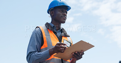 Buy stock photo Logistics, supervisor and man with clipboard, think and inventory management for stock distribution. Outdoor, reflection and black person with checklist for supply chain, low angle and shipping goods