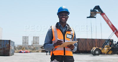 Buy stock photo Logistics, man and portrait with clipboard in yard for shipping control, inspection or supply chain. Customs officer, black person and happy with documents for import clearance, export and compliance