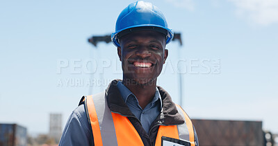 Buy stock photo Portrait, black man and smile in yard for shipping inspection, career pride and quality assurance. Happy, male person and about us for logistics, freight supervision and delivery ppe for distribution