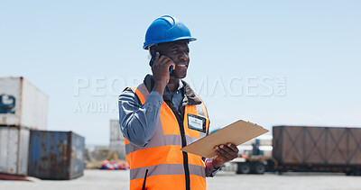 Buy stock photo Logistics, clipboard or black man on site with phone call, cargo track or inventory management in supply chain. Discussion, ppe or clerk with tech, freight checklist or safety assurance of export.