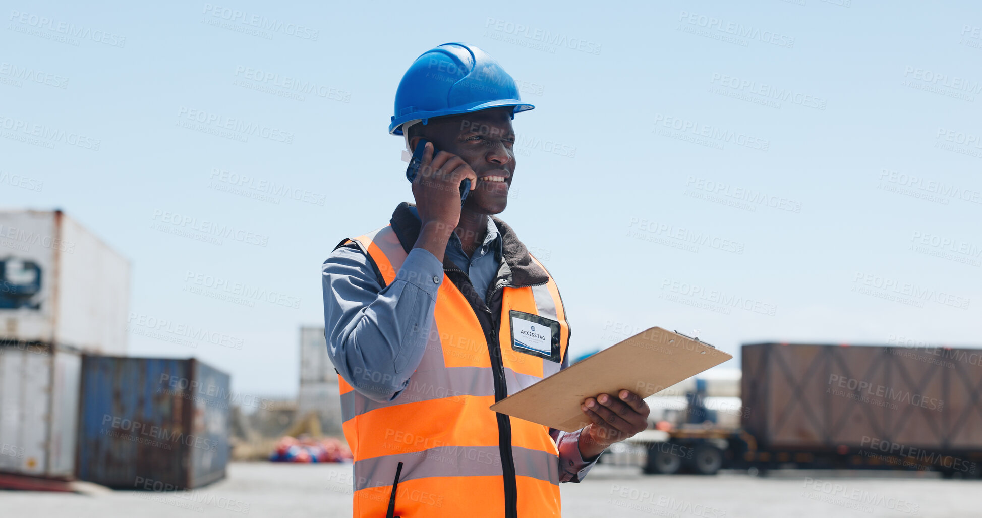 Buy stock photo Logistics, clipboard or black man on site with phone call, cargo track or inventory management in supply chain. Discussion, ppe or clerk with tech, freight checklist or safety assurance of export.