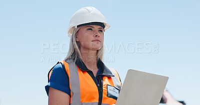 Buy stock photo Construction, woman and outdoor with tablet, thinking and building research for project development. Contractor, female person and tech on site with PPE, reflection and contemplation for engineering.