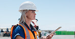 Construction, woman and outdoor with clipboard, inspection and quality assurance for building project. Contractor, female person and checklist on site with PPE, reflection and engineering compliance.