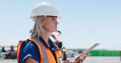 Buy stock photo Construction, woman and outdoor with clipboard, inspection and quality assurance for building project. Contractor, female person and checklist on site with PPE, reflection and engineering compliance.
