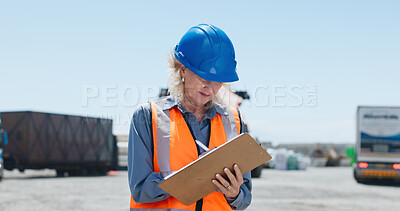 Buy stock photo Logistics, woman or writing on clipboard in yard for shipping control, status reporting and export. Customs manager, mature person and documents for import clearance, cargo tracking and supply chain
