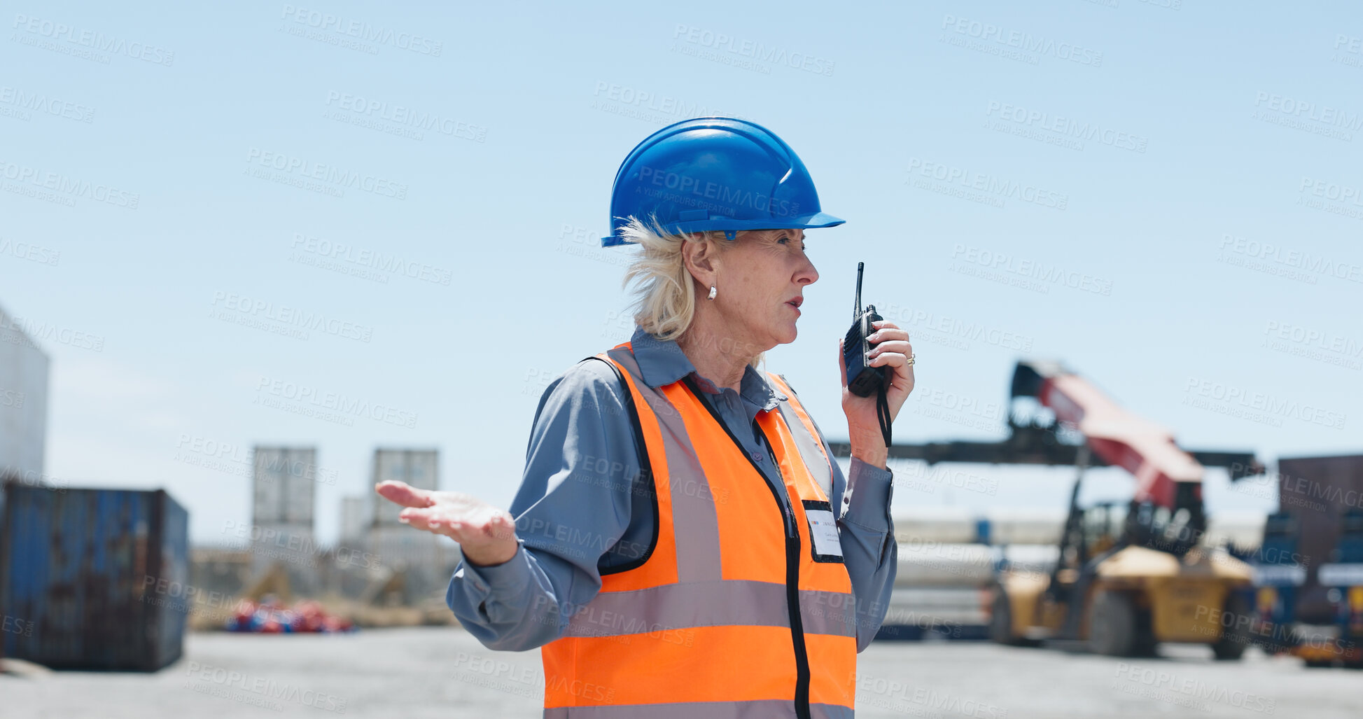 Buy stock photo Logistics, talk or woman outdoor with radio, tracking cargo or inventory management in supply chain. Discussion, space or mature supervisor on site with tech, freight or safety assurance of export.
