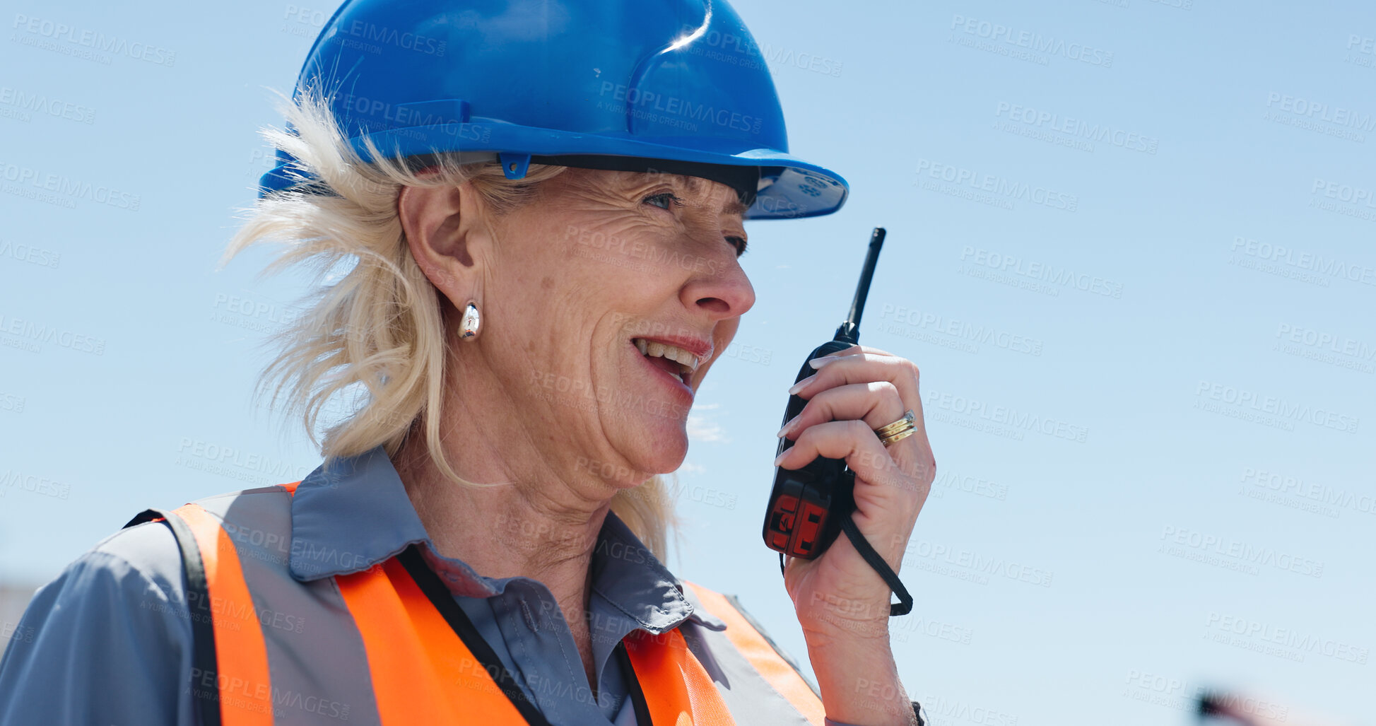 Buy stock photo Construction, radio or woman with clipboard for planning, site project supervision or building update. Below, tech or mature architect talk for engineering report, relay instructions or outdoor space