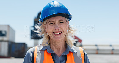 Buy stock photo Portrait, woman and smile in yard for shipping inspection, career pride and quality assurance. Happy, mature person and about us for logistics, freight supervision and delivery ppe for distribution