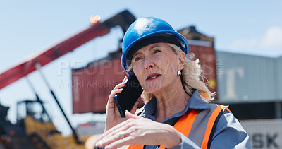 Buy stock photo Logistics, chat or woman outdoor with phone call, tracking cargo or inventory management in shipping service. Discussion, ppe or mature supervisor with tech, freight or safety assurance of export.