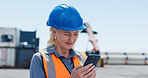 Construction site, reading or woman with phone for inspection, infrastructure or building schedule info. Review, project timeline or mature manager with development notes on mobile, outdoor or update