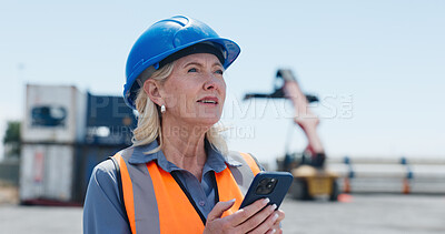 Buy stock photo Construction, woman or phone for site inspection, infrastructure check or building schedule update. View, property timeline or mature manager with progress report on mobile, outdoor or development