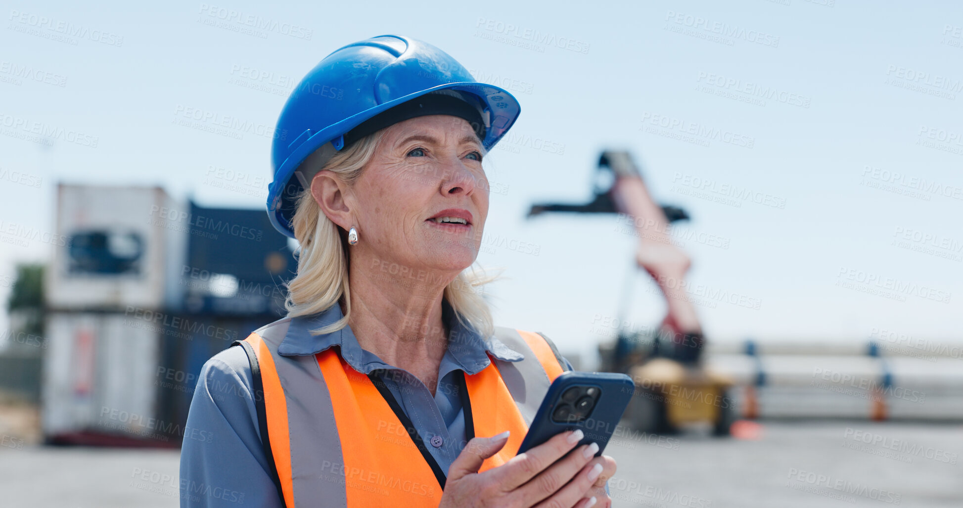 Buy stock photo Construction, woman or phone for site inspection, infrastructure check or building schedule update. View, property timeline or mature manager with progress report on mobile, outdoor or development