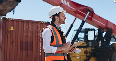 Buy stock photo Construction, man and outdoor with clipboard, inspection or quality assurance for engineering project. PPE, person and checklist on site with report, reflection or evaluation for building compliance.