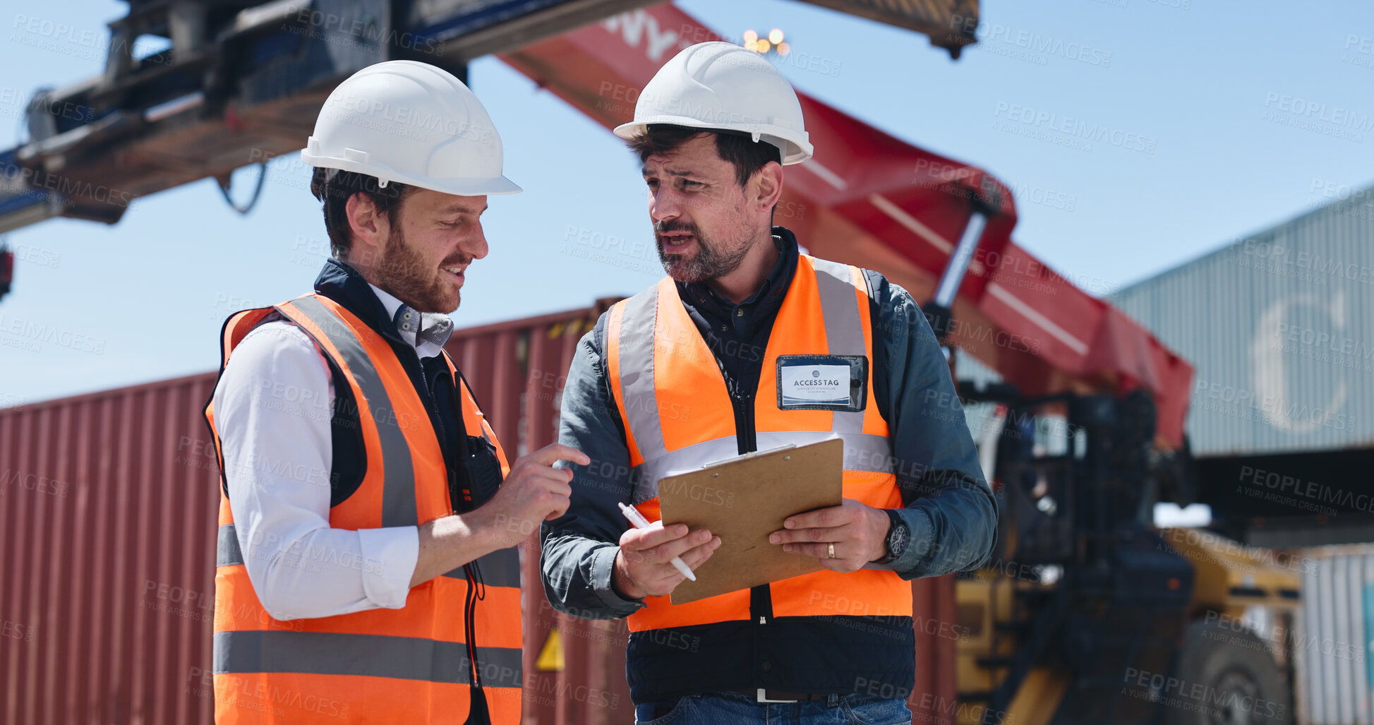 Buy stock photo Men, logistics team and clipboard at container yard for supply chain, inspection or collaboration. People, workers and planning shipment at dock for freight, checklist and export cargo in industry