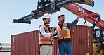 Men, shipping team and clipboard at container yard for supply chain, inspection or pointing. People, workers and planning shipment at dock for freight, logistics checklist or export cargo in industry