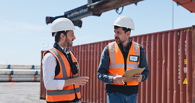 Buy stock photo Shipping, team and discussion at container yard for supply chain, inspection and checklist. Men, workers and planning shipment at dock for freight, logistics clipboard or export cargo in industry