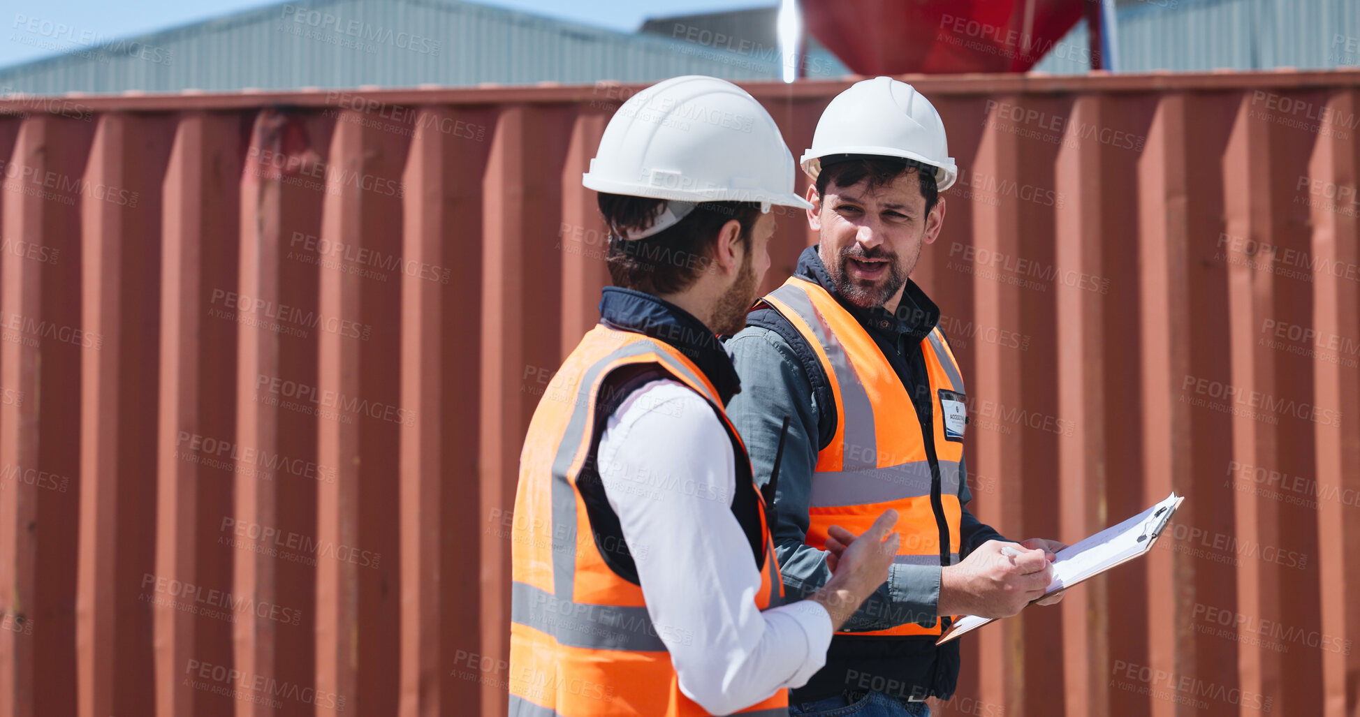 Buy stock photo Logistics, team and discussion at container yard for supply chain, inspection and checklist. Men, workers and planning at dock for shipping freight, clipboard or export cargo in industry with space