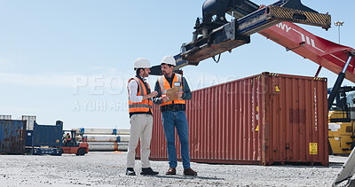 Buy stock photo Logistics, team and planning at container yard for supply chain, inspection and checklist. Men, workers and discussion at port for shipping freight, clipboard or export cargo in industry with space