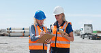Women, team and checklist at shipping yard for supply chain, writing or collaboration. People, supervisor or discussion with clipboard at port for freight, export or logistics planning in industry