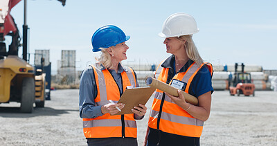 Buy stock photo Women, happy team and planning at shipping port for supply chain, checklist or collaboration. People, supervisor and discussion with clipboard for freight, export or logistics yard in industry