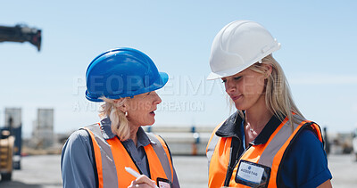Buy stock photo Women, logistics team and discussion at shipping yard for supply chain, inspection or collaboration. People, supervisor and planning shipment at dock for freight, writing and export cargo in industry