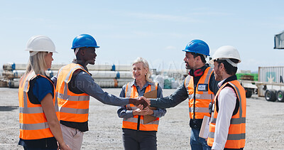 Buy stock photo Handshake, meeting and thank you with logistics team outdoor for delivery planning or schedule. Collaboration, discussion and supply chain with people shaking hands at depot for distribution deal