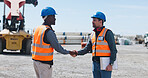 Construction, greeting or men on site with handshake, deal or meeting for contractor partnership. Team, introduction or supervisor with gesture, agreement or opportunity for industry collaboration.