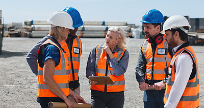 Buy stock photo Clipboard, conversation and meeting with supply chain team outdoor for delivery planning or schedule. Collaboration, discussion and logistics management with people at depot for distribution agenda