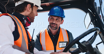 Buy stock photo Drive, logistics and talking with team outdoor at shipping yard for delivery or distribution. Conversation, forklift and supply chain management with men at depot together for discussion or planning