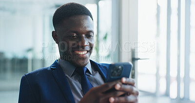 Buy stock photo Business, phone and smile of black man in office for communication, corporate finance or update. App, text message and typing with happy African employee in financial workplace for mobile feedback