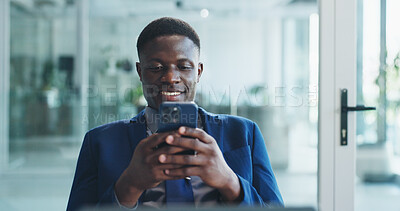 Buy stock photo Business, phone and typing with black man in office for communication, corporate finance or update. App, smile and text message with happy African employee in financial workplace for mobile feedback