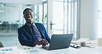 Laptop, portrait and smile of black man in office for corporate finance, review or update. Computer, data and graphs with happy African employee in financial workplace for planning or research