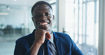Buy stock photo Portrait, financial advisor or black man in office for opportunity, happiness or pride for about us. Investment manager, professional or African person smile for career growth, confident or workplace