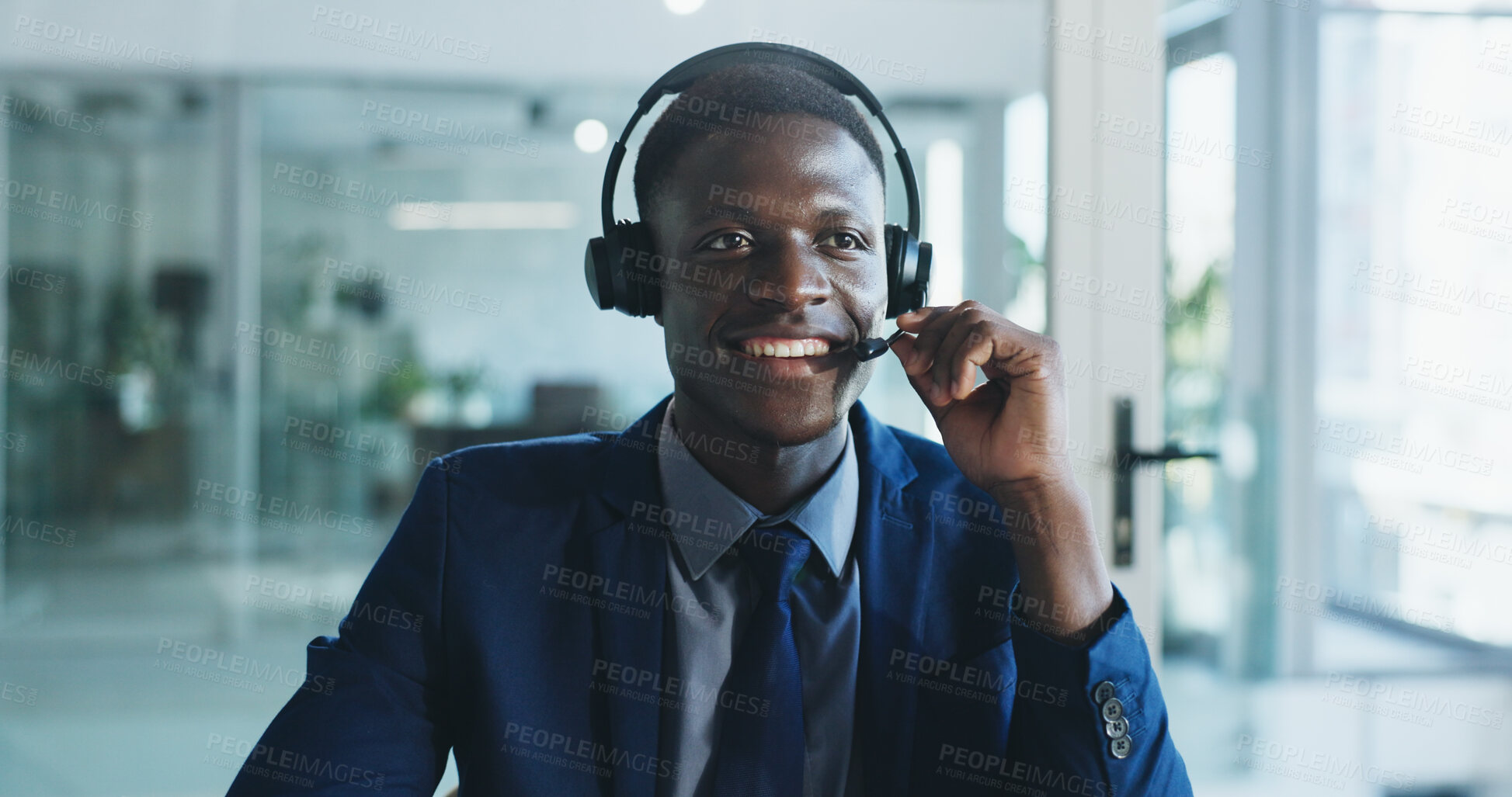 Buy stock photo Customer care, business and happy black man in call center for help desk, banking support or finance. Hotline, contact us and consultant with headset for account balance, loan service or feedback