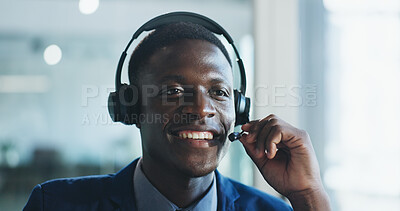 Buy stock photo Mic, business or happy black man in call center for help desk, finance or listen for banking support. Customer care, contact us and consultant with headset for account balance, loan service or crm