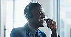 Mic, contact us or happy black man in call center for crm, finance or listen for banking support. Customer care, business and consultant with headset for account balance, loan service or help desk