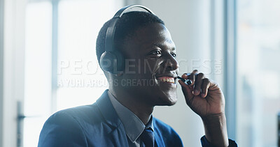 Buy stock photo Mic, contact us or happy black man in call center for crm, finance or listen for banking support. Customer care, business and consultant with headset for account balance, loan service or help desk