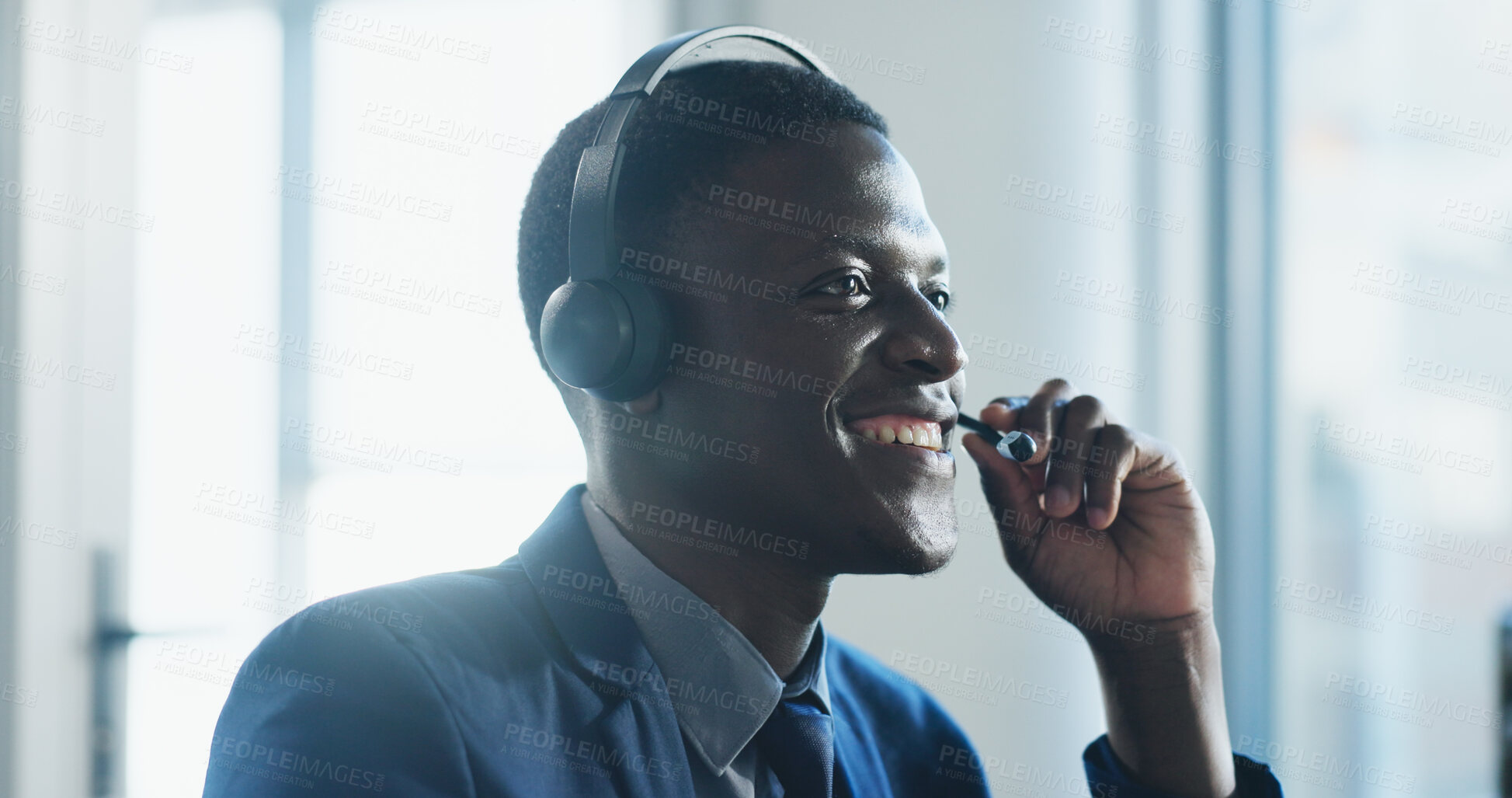 Buy stock photo Mic, contact us or happy black man in call center for crm, finance or listen for banking support. Customer care, business and consultant with headset for account balance, loan service or help desk