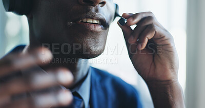 Buy stock photo Call center, mouth and man in office with headset, contact us or advice in crm service. Professional, help and consultant in agency with tech, online assistance or feedback in client support.