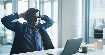 Buy stock photo Call center, relax and laptop with black man in office for advisory hotline, customer service or communication. Help desk, smile and consulting with employee target for agency, contact us or goal