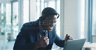 Buy stock photo Excited, black man and consultant with headset for winning, celebration or promotion bonus in office. Happy, businessman or agent with smile, laptop or victory for good news or success in workplace