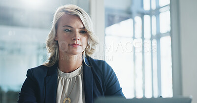 Buy stock photo Finance, laptop and report with business woman in office for accounting, planning or research. Computer, reading and review with financial employee in workplace for online portfolio management