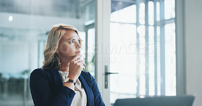 Buy stock photo Finance, laptop and thinking with business woman in office for accounting, planning or research. Computer, ideas and review with financial employee in workplace for portfolio or risk management