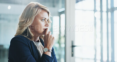 Buy stock photo Business, thinking and woman in office with vision for justice, decision or planning at law firm. Profile, corporate attorney or person with reflection, legal solution or problem solving with idea