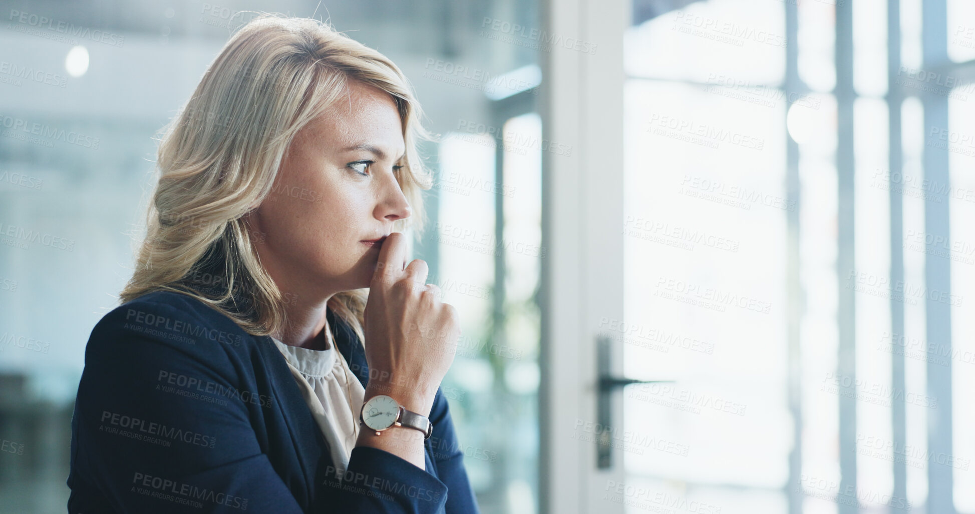 Buy stock photo Business, thinking and woman in office with vision for justice, decision or planning at law firm. Profile, corporate attorney or person with reflection, legal solution or problem solving with idea